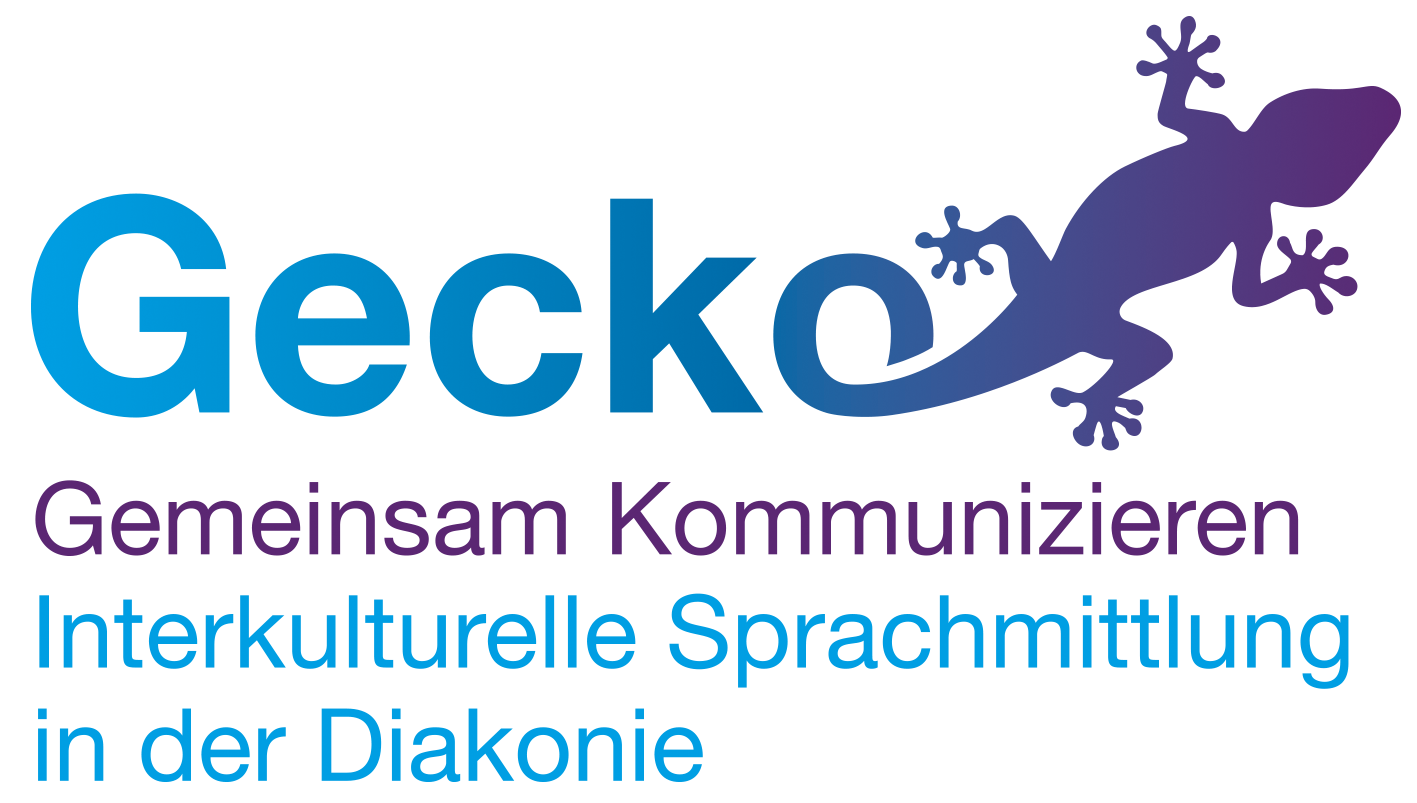 Logo Gecko mit Schriftzug Gemeinsam Kommunizieren Interkulturelle Sprachmittlung in der Diakonie
